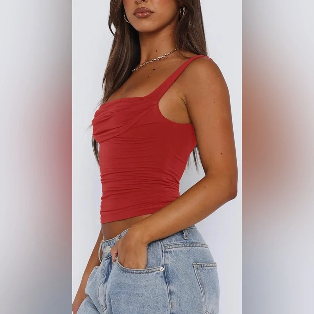 NWT Sleeveless Square Neck Strappy Tank Top Ruched Backless Crop Camisole Top